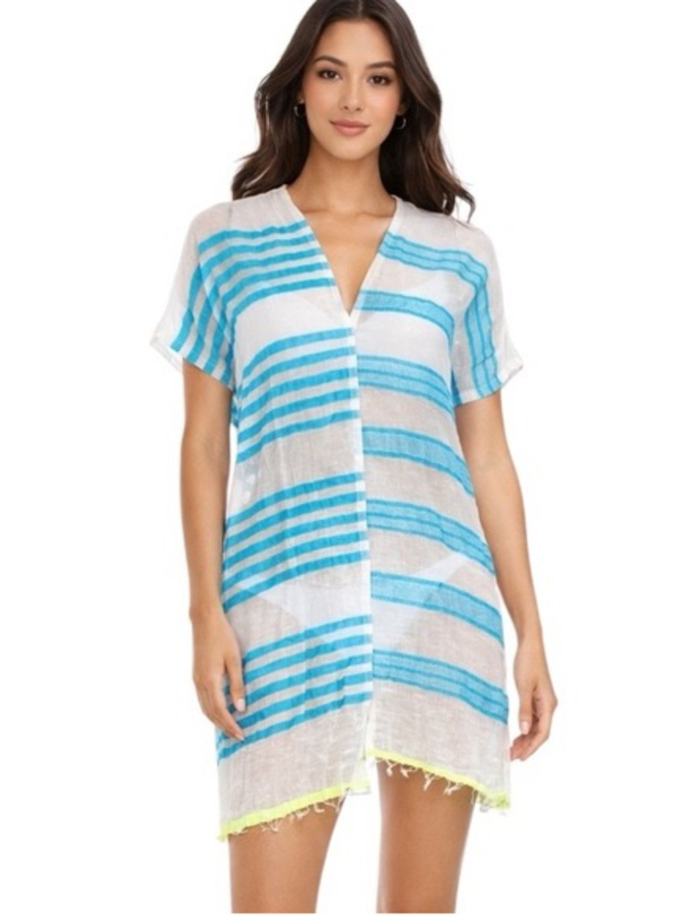 Lemlem Striped Ruki Split Mini Tunic Swim Coverup - Blue/White - OS